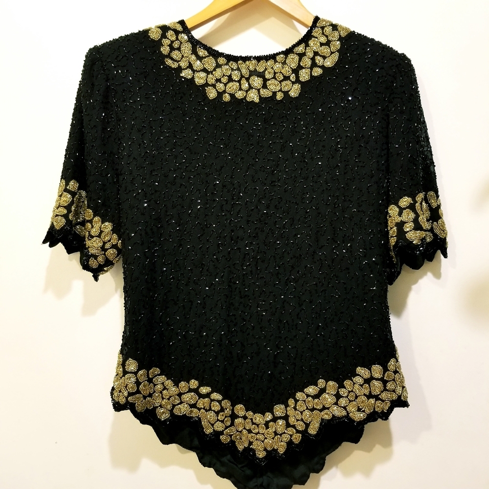 Laurence Kazar Beaded Black Gold Sequin Blouse XL Formal Vintage 80's Evening
